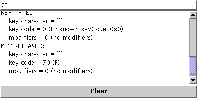 A snapshot of KeyEventDemo, which demonstrates the events that are fired when the user types at the keyboard. 